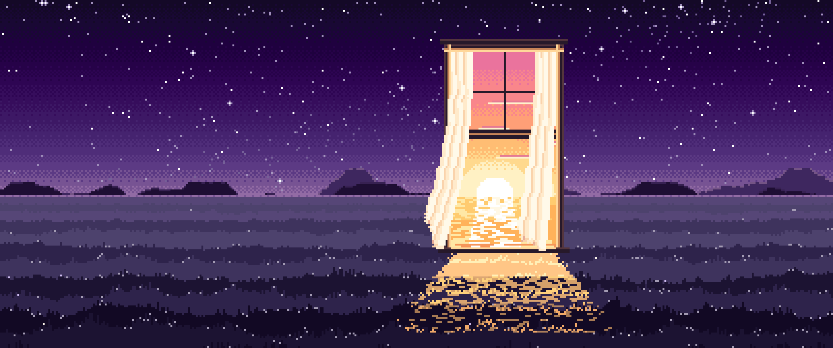 Dark Purple Pixel Art Surreal Window in a Meadow at Night ultrawide wallpaper, 3440 × 1440