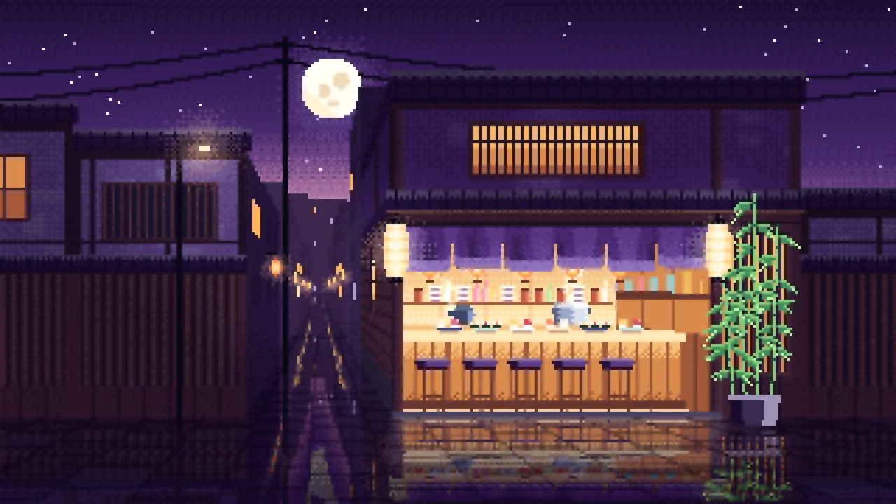 Dark Purple Pixel Art Sushi Bar desktop wallpaper in 4K