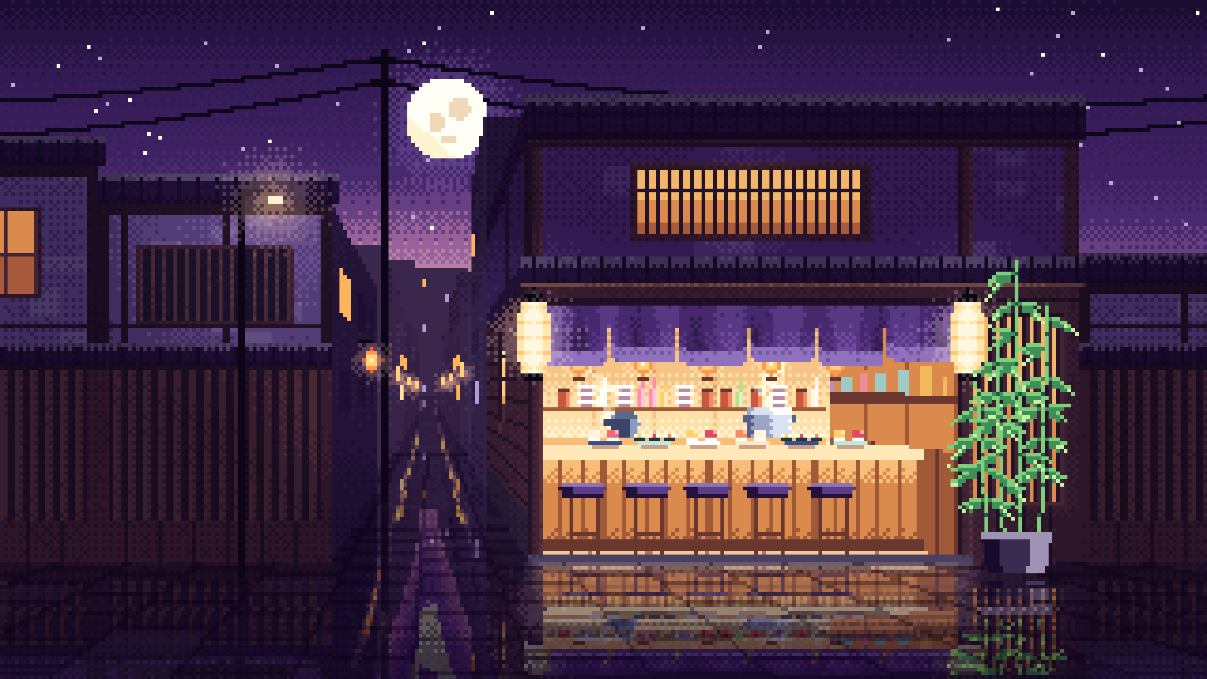 Dark Purple Pixel Art Sushi Bar desktop wallpaper in 4K
