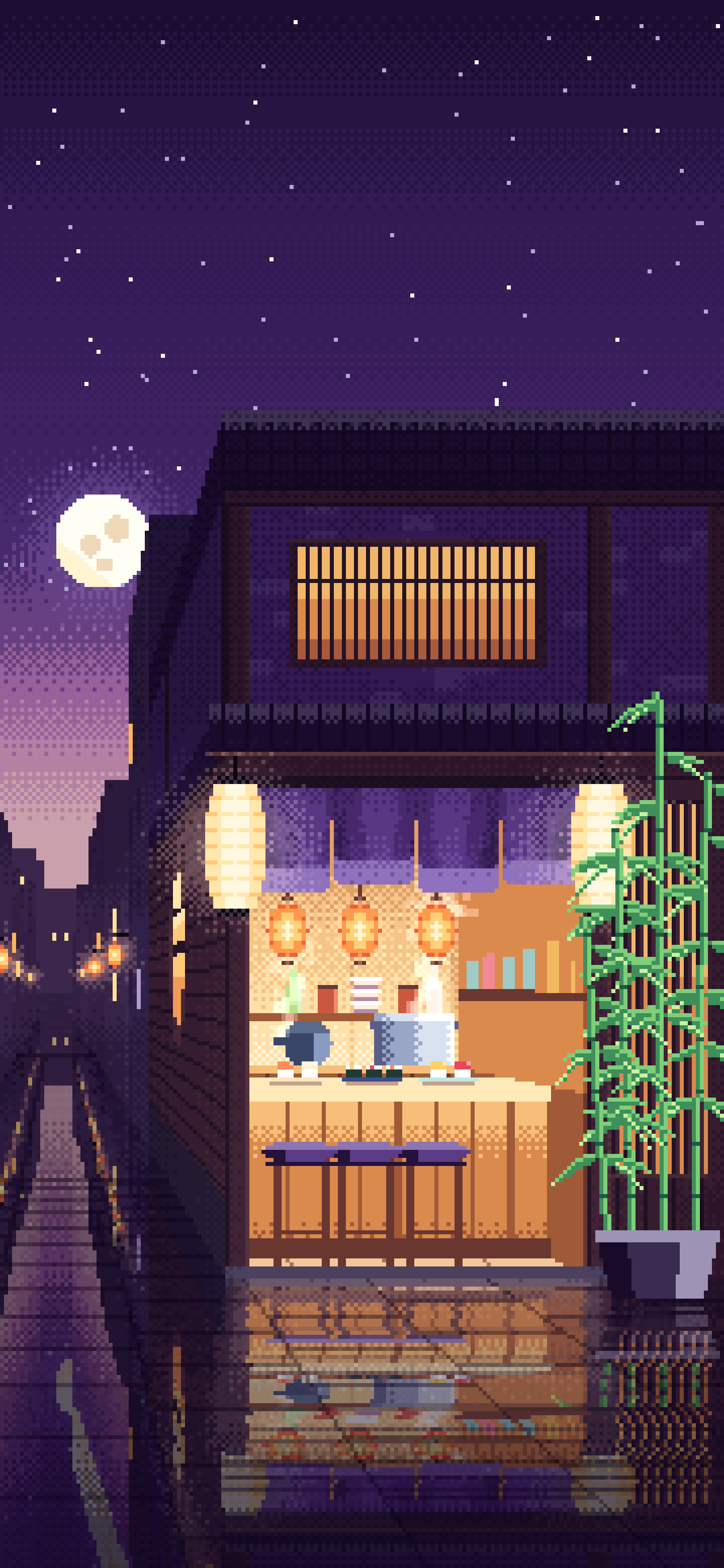 Dark Purple Pixel Art Sushi Bar wallpaper for iPhone and Android