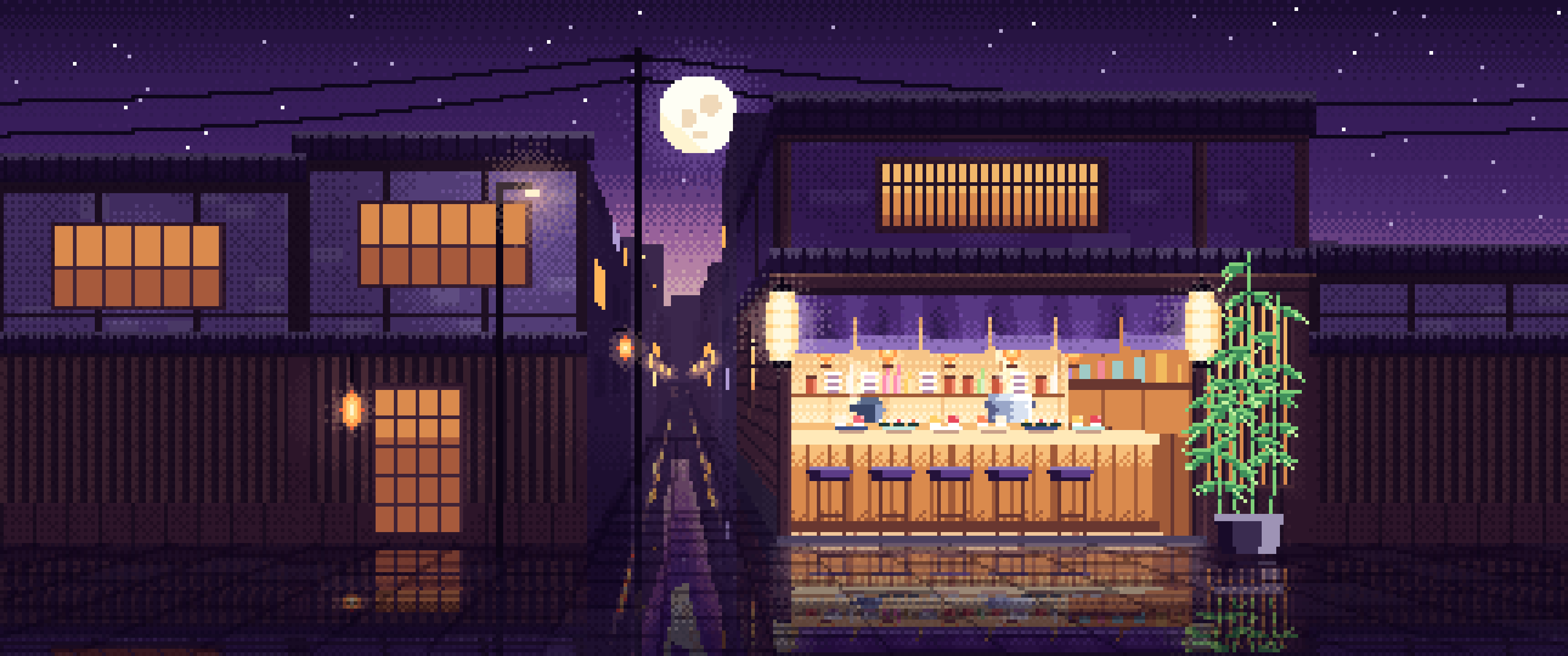 Dark Purple Pixel Art Sushi Bar ultrawide wallpaper, 3440 × 1440