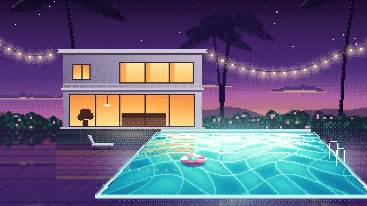 Dark Purple Pixel Art Swimming Pool at Dusk desktop wallpaper in 4K