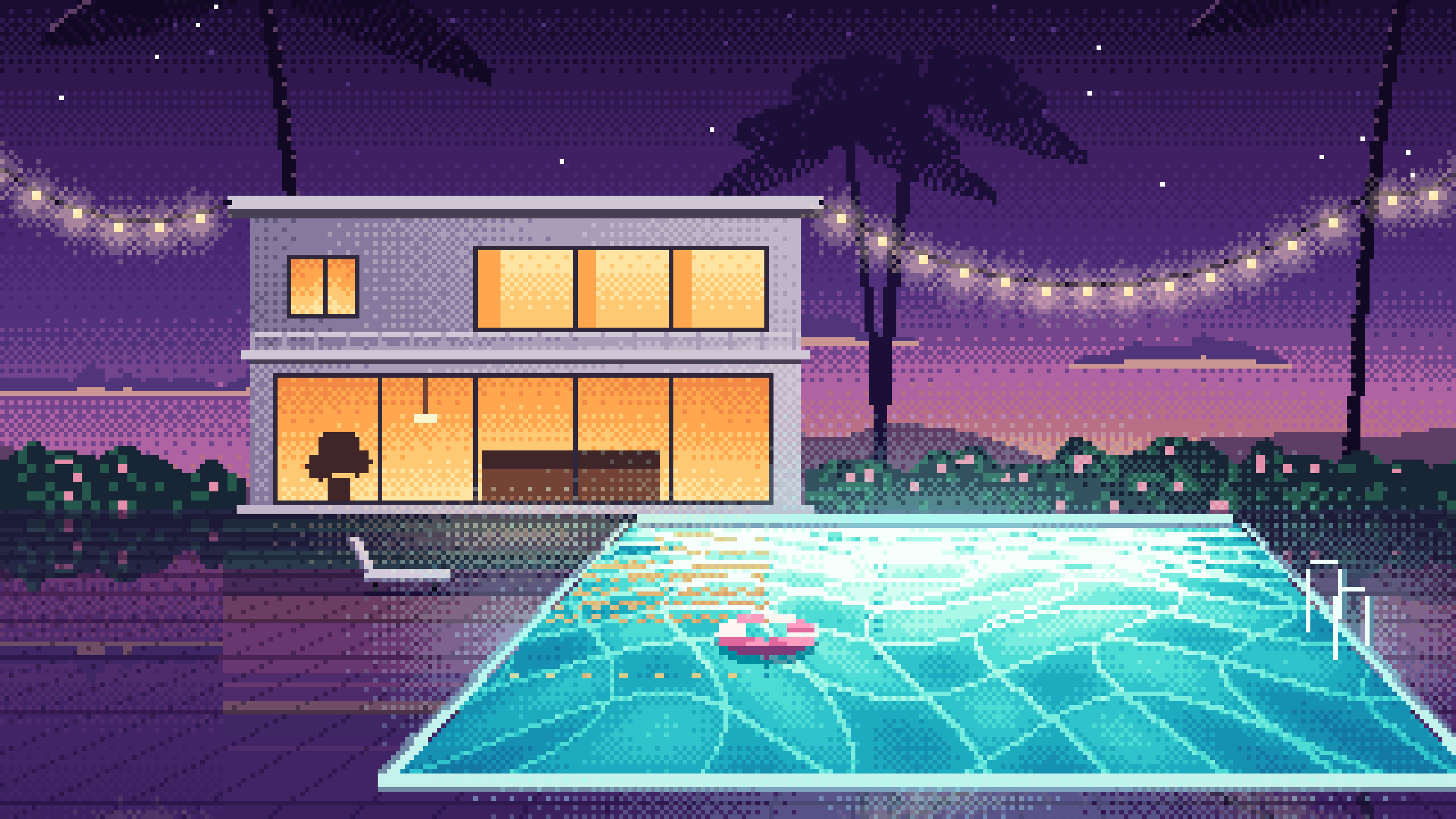 Dark Purple Pixel Art Swimming Pool at Dusk desktop wallpaper in 4K