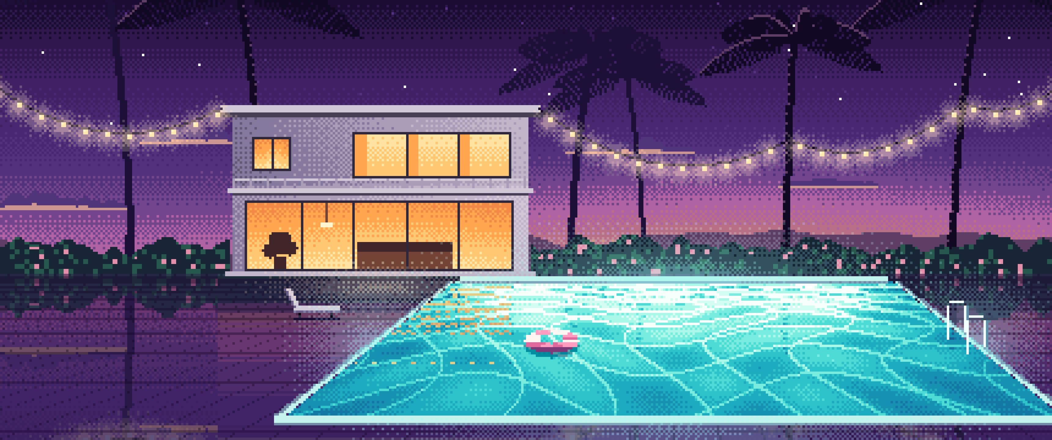 Dark Purple Pixel Art Swimming Pool at Dusk ultrawide wallpaper, 3440 × 1440