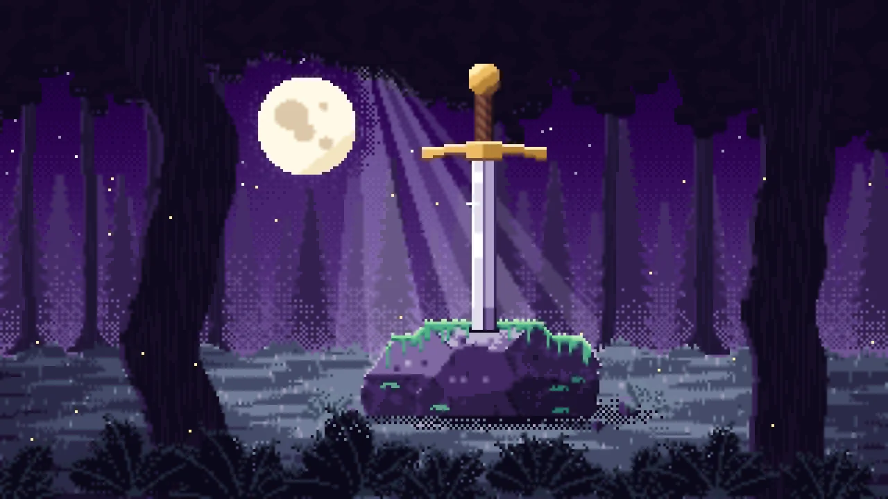 Dark Purple Pixel Art Sword in a Forest Clearing at Night desktop wallpaper in 4K
