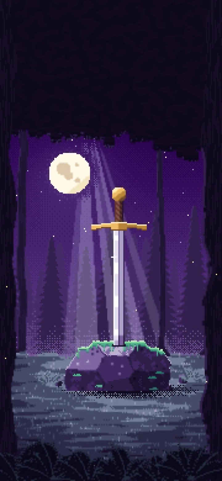 Dark Purple Pixel Art Sword in a Forest Clearing at Night wallpaper for iPhone and Android