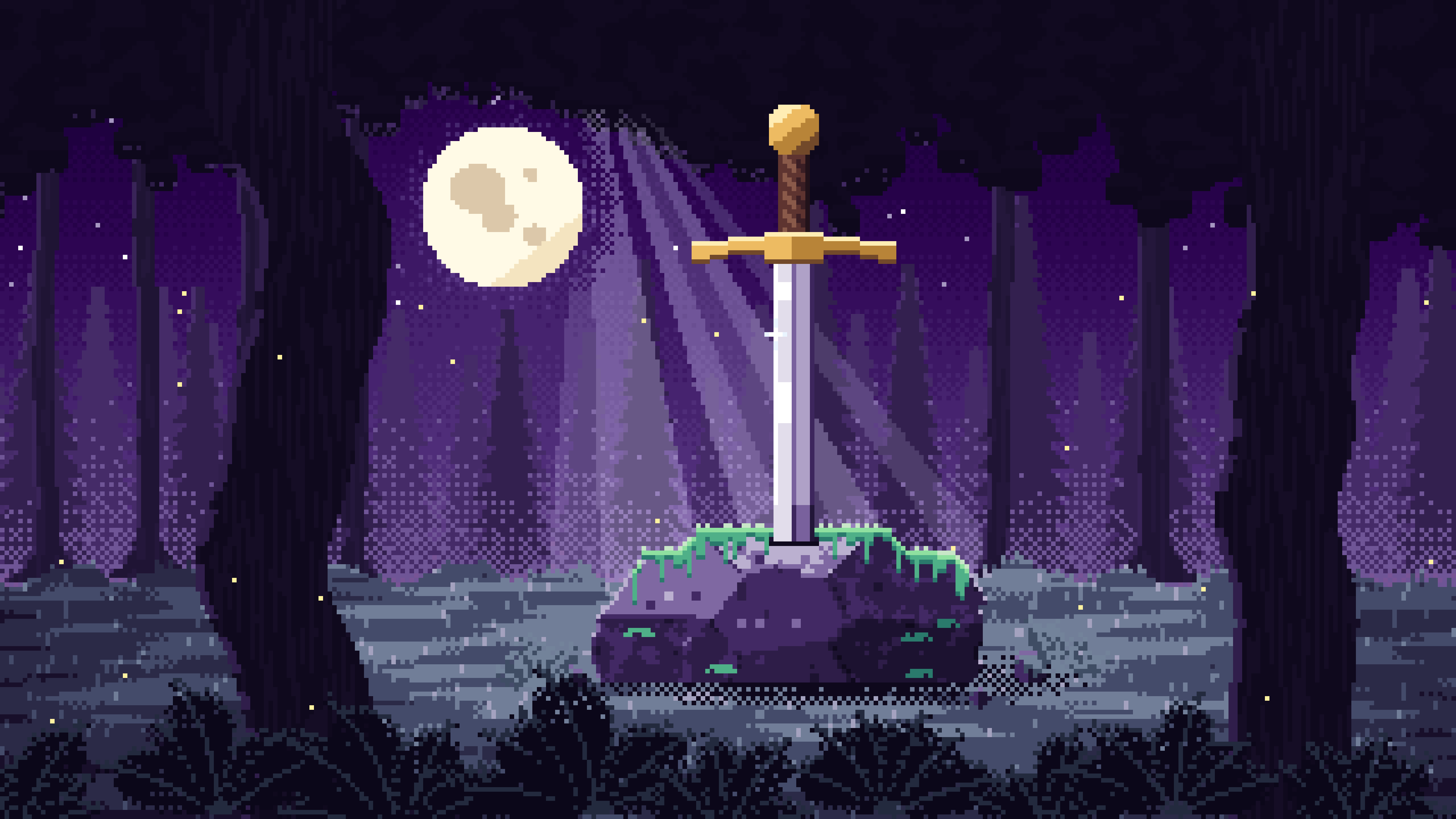 Dark Purple Pixel Art Sword in a Forest Clearing at Night desktop wallpaper in 4K