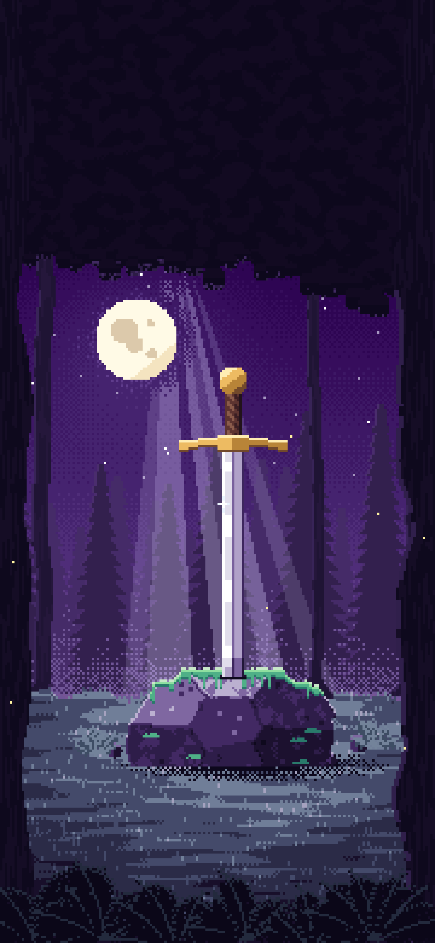 Dark Purple Pixel Art Sword in a Forest Clearing at Night wallpaper for iPhone and Android