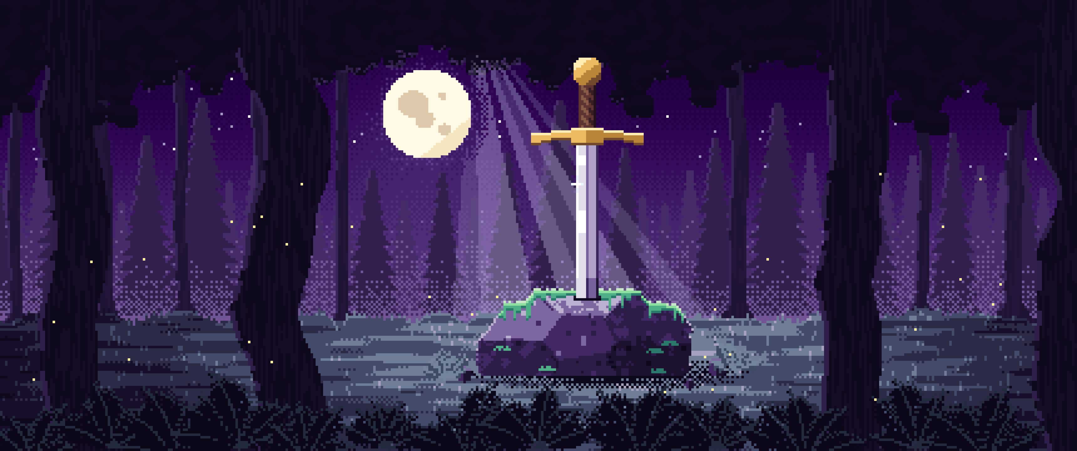 Dark Purple Pixel Art Sword in a Forest Clearing at Night ultrawide wallpaper, 3440 × 1440