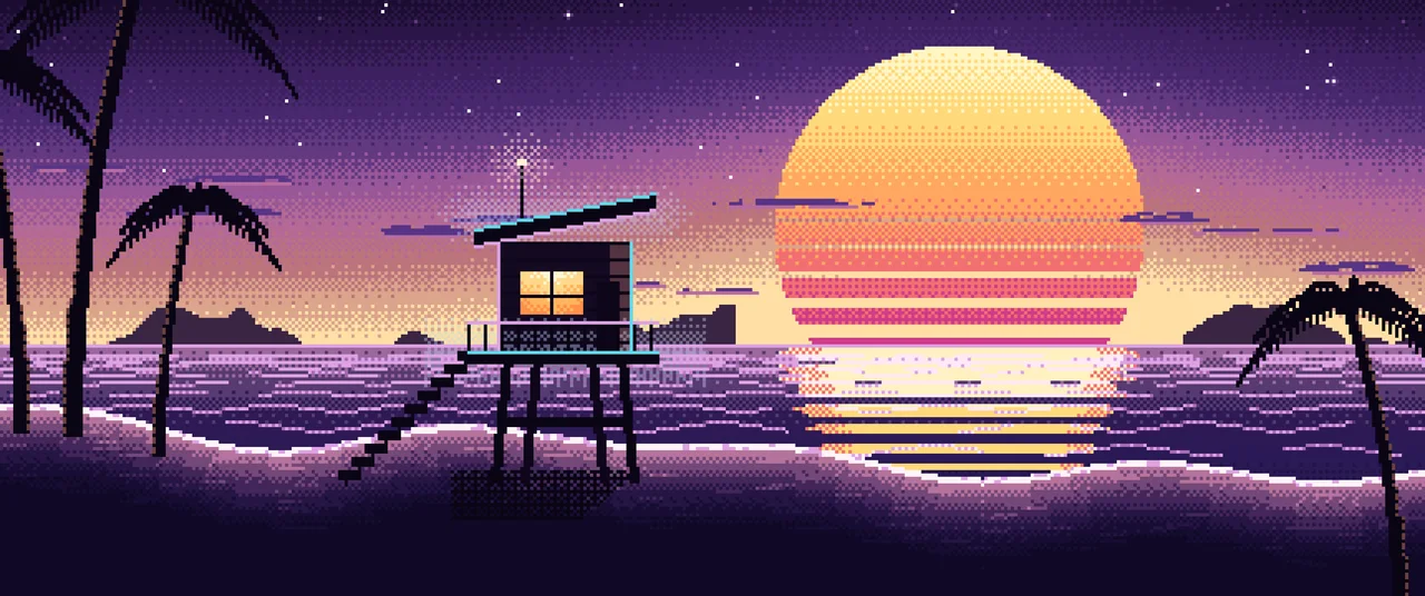Dark Purple Pixel Art Synthwave Beach ultrawide wallpaper, 3440 × 1440