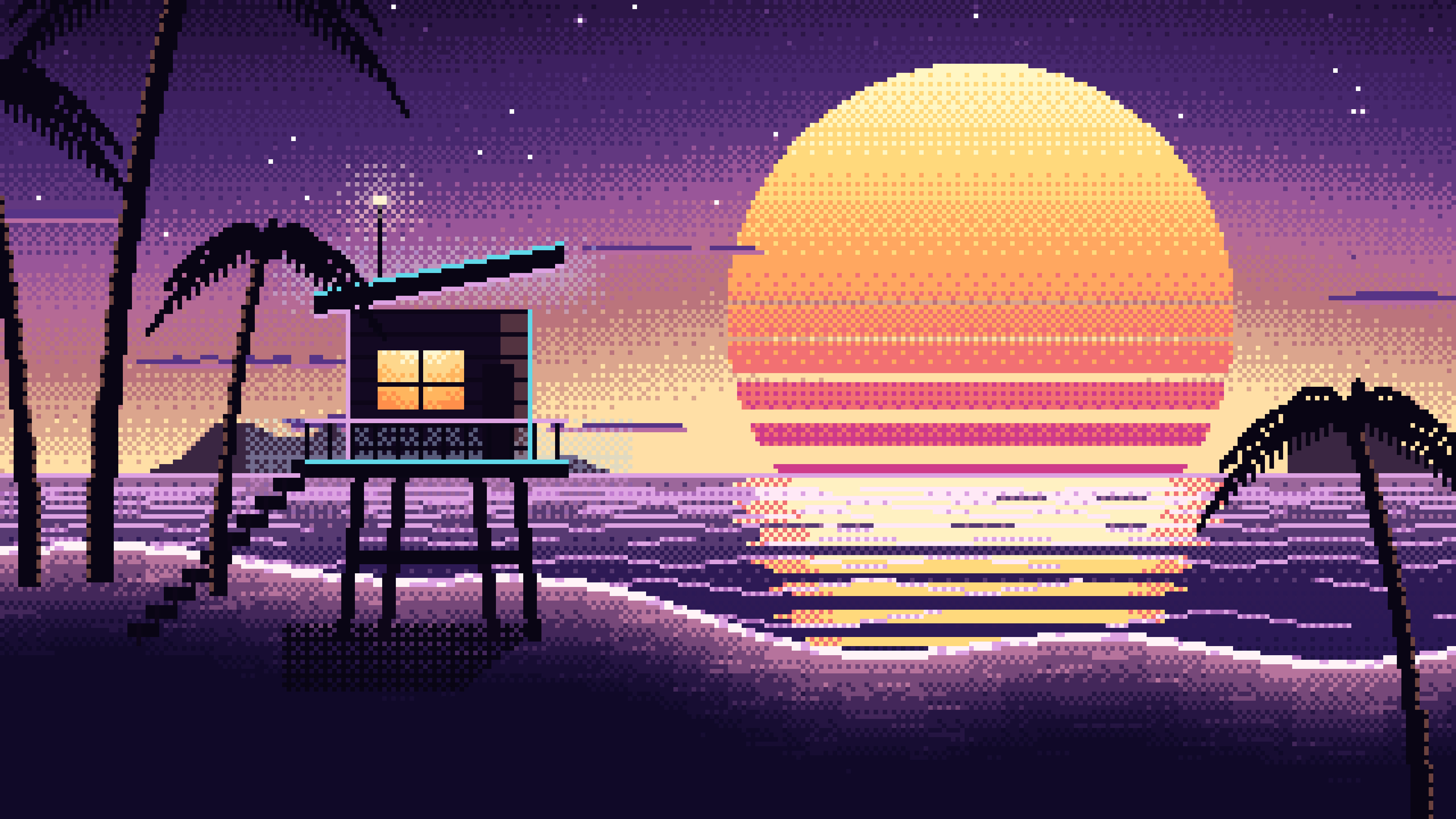 Dark Purple Pixel Art Synthwave Beach desktop wallpaper in 4K