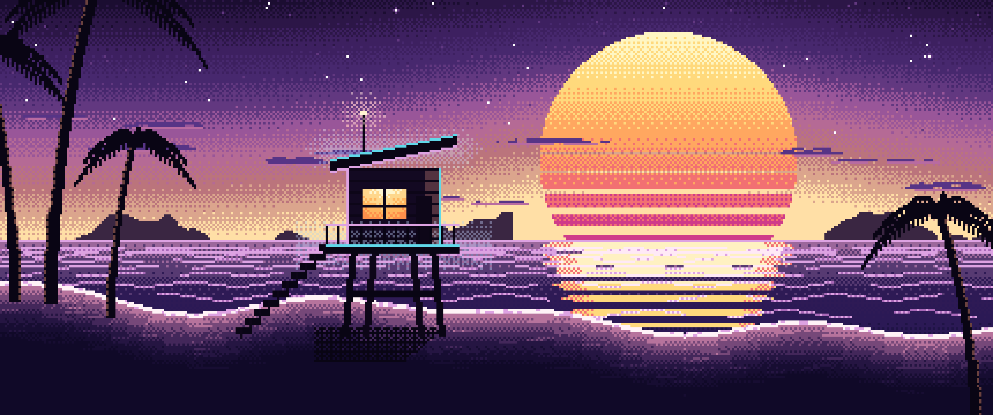 Dark Purple Pixel Art Synthwave Beach ultrawide wallpaper, 3440 × 1440