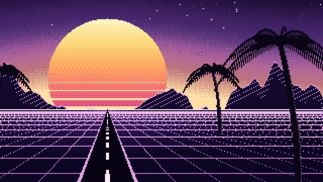 Dark Purple Pixel Art Synthwave desktop wallpaper in 4K