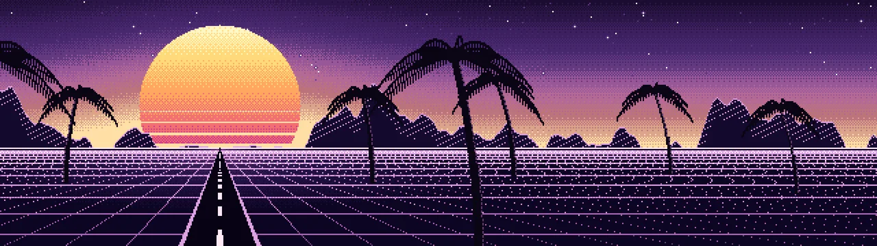 Dark Purple Pixel Art Synthwave dual monitor wallpaper, 7680 × 2160