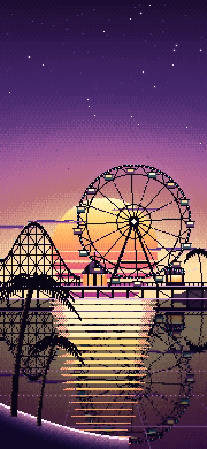 Dark Purple Pixel Art Synthwave Ferris Wheel Pier wallpaper for iPhone and Android