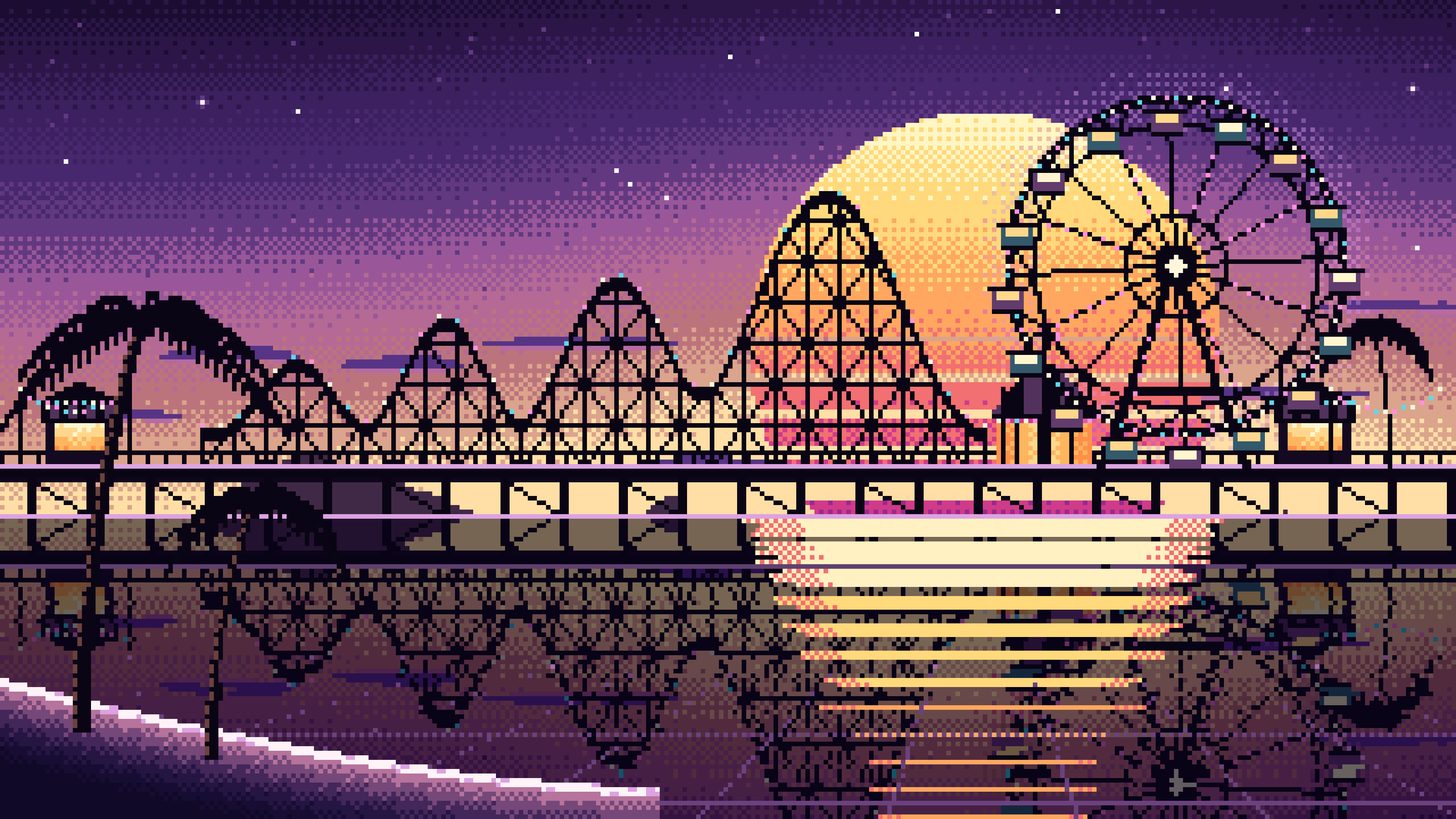 Dark Purple Pixel Art Synthwave Ferris Wheel Pier desktop wallpaper in 4K