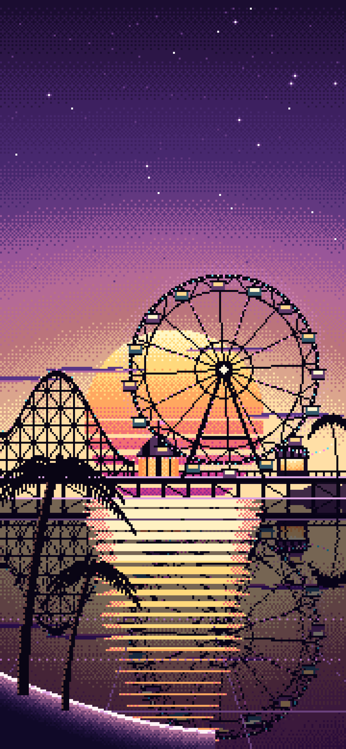 Dark Purple Pixel Art Synthwave Ferris Wheel Pier wallpaper for iPhone and Android