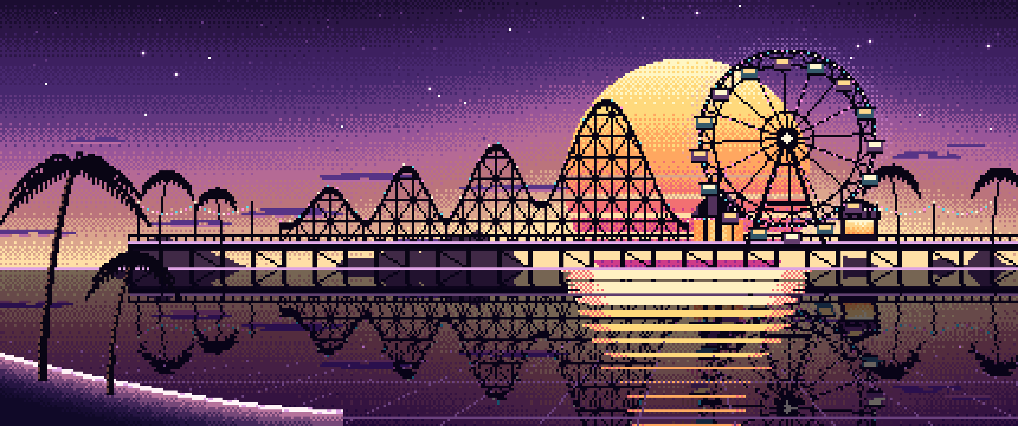 Dark Purple Pixel Art Synthwave Ferris Wheel Pier ultrawide wallpaper, 3440 × 1440