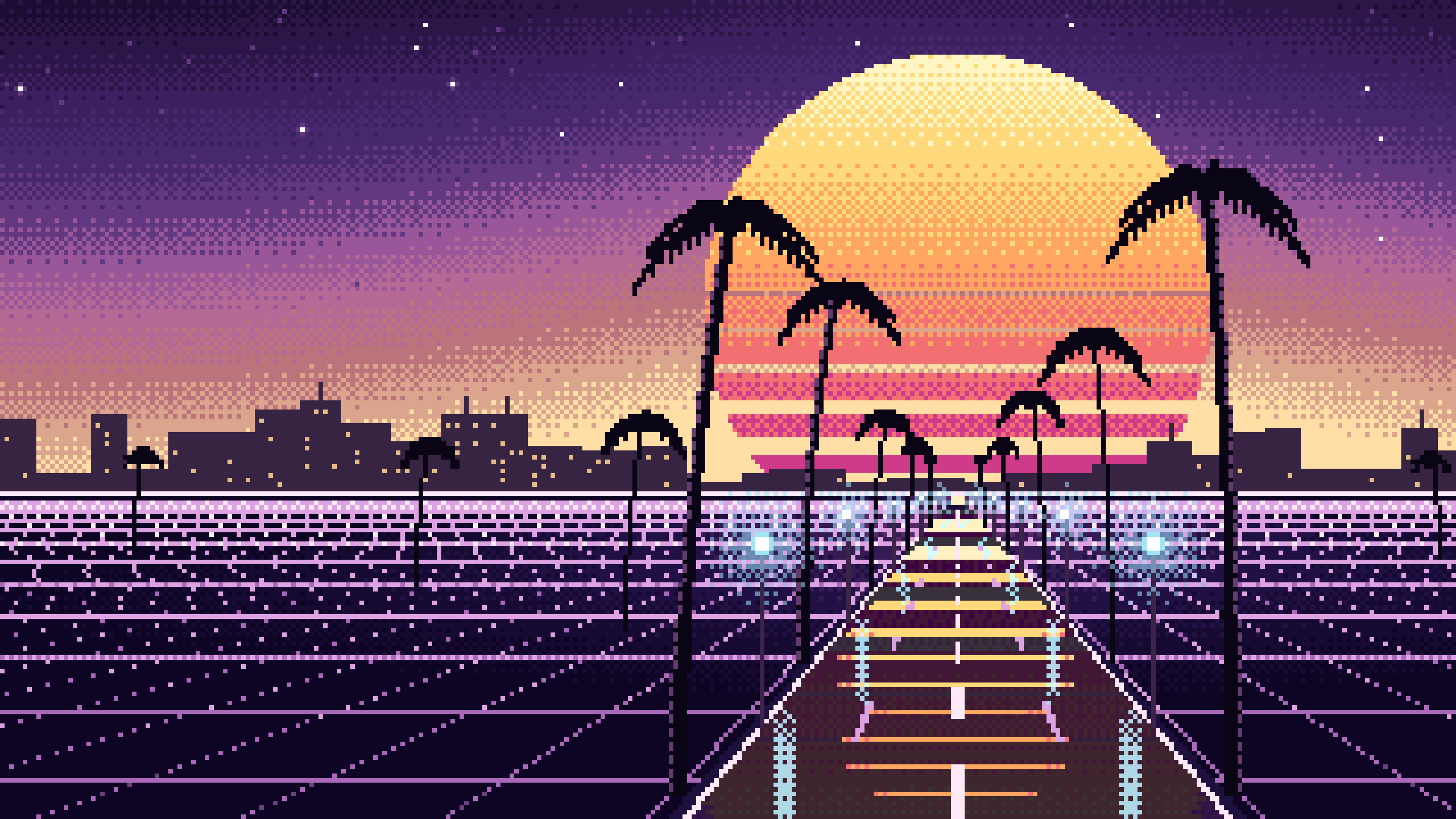 Dark Purple Pixel Art Synthwave Palm Boulevard desktop wallpaper in 4K