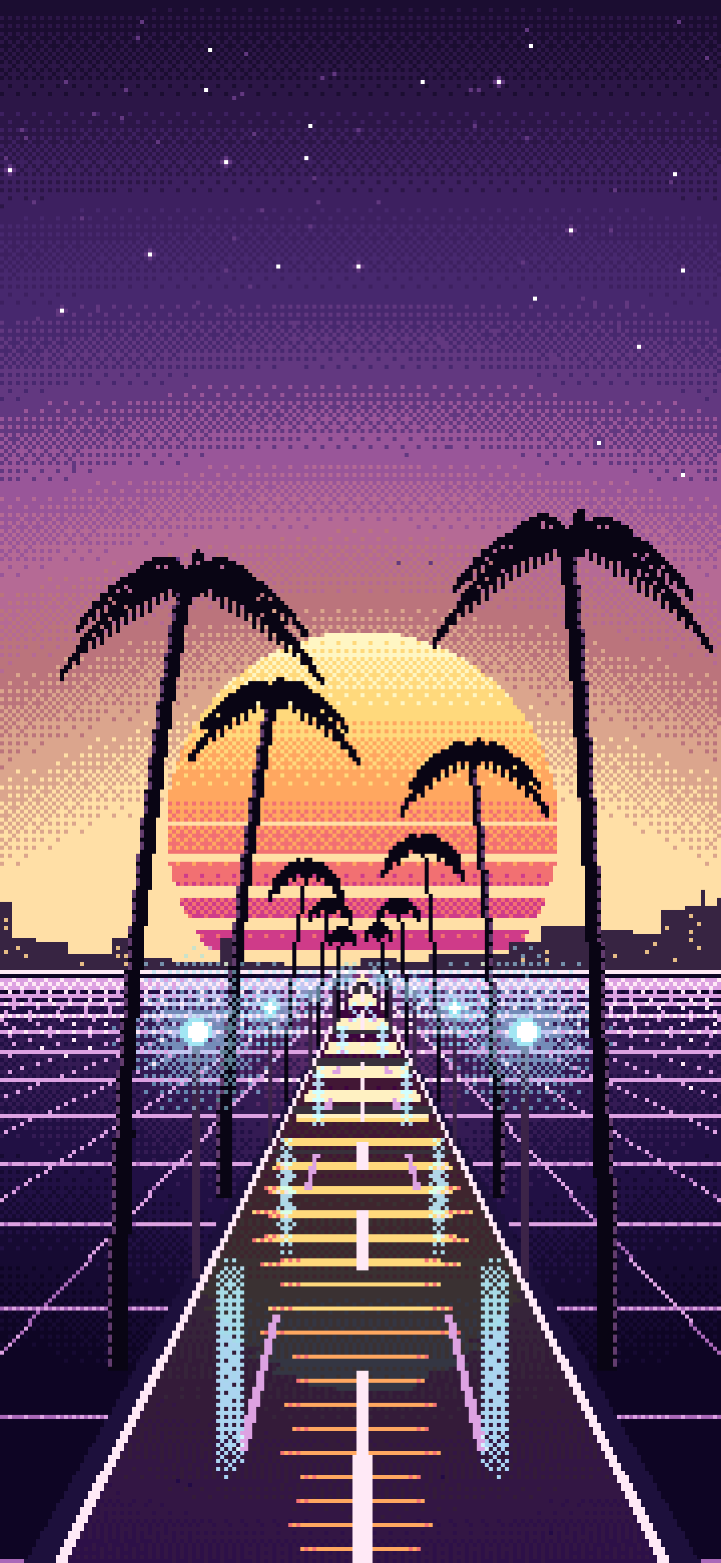Dark Purple Pixel Art Synthwave Palm Boulevard wallpaper for iPhone and Android