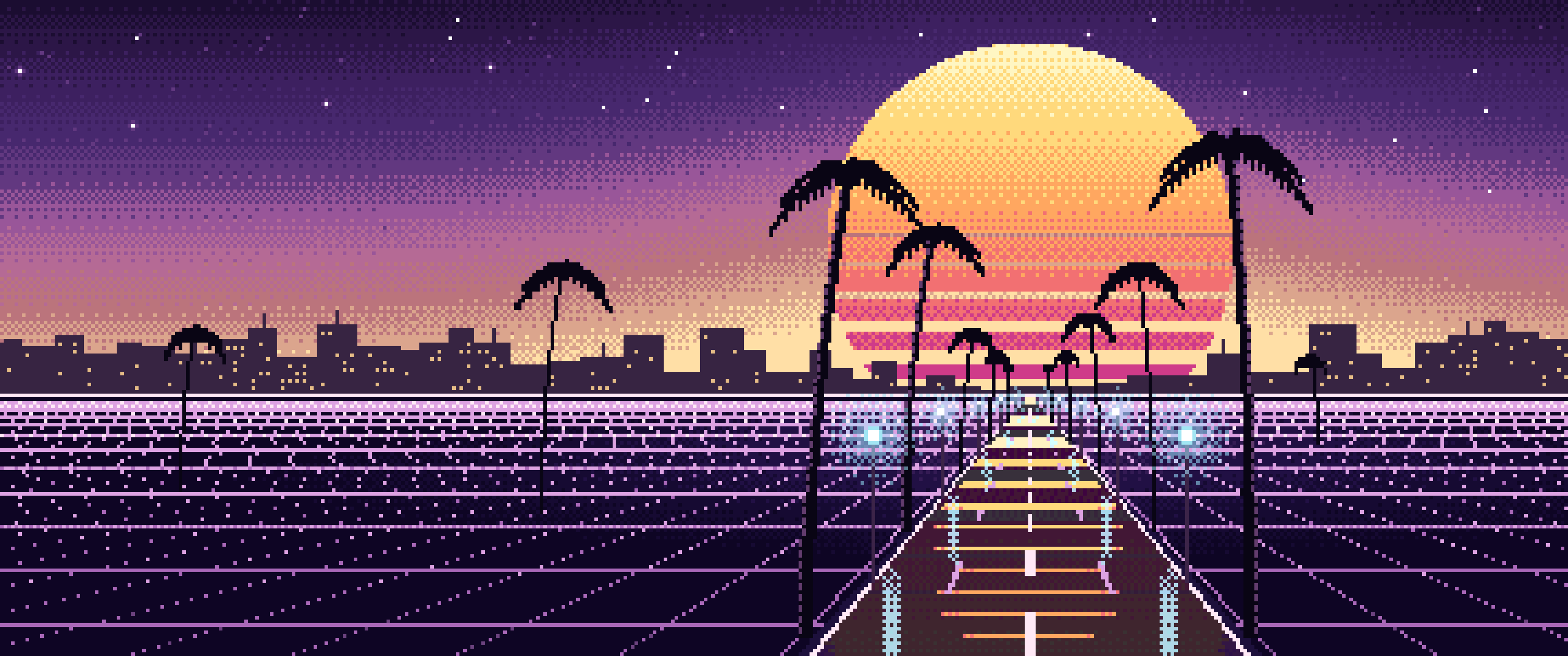Dark Purple Pixel Art Synthwave Palm Boulevard ultrawide wallpaper, 3440 × 1440