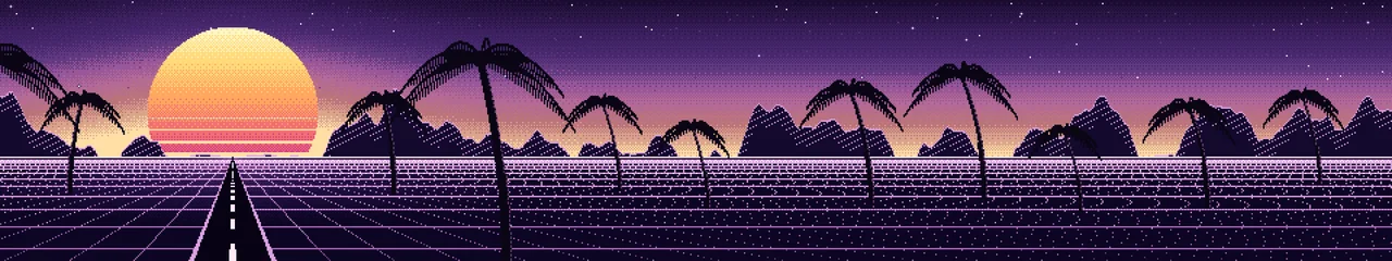 Dark Purple Pixel Art Synthwave triple monitor wallpaper, 7680 × 1440
