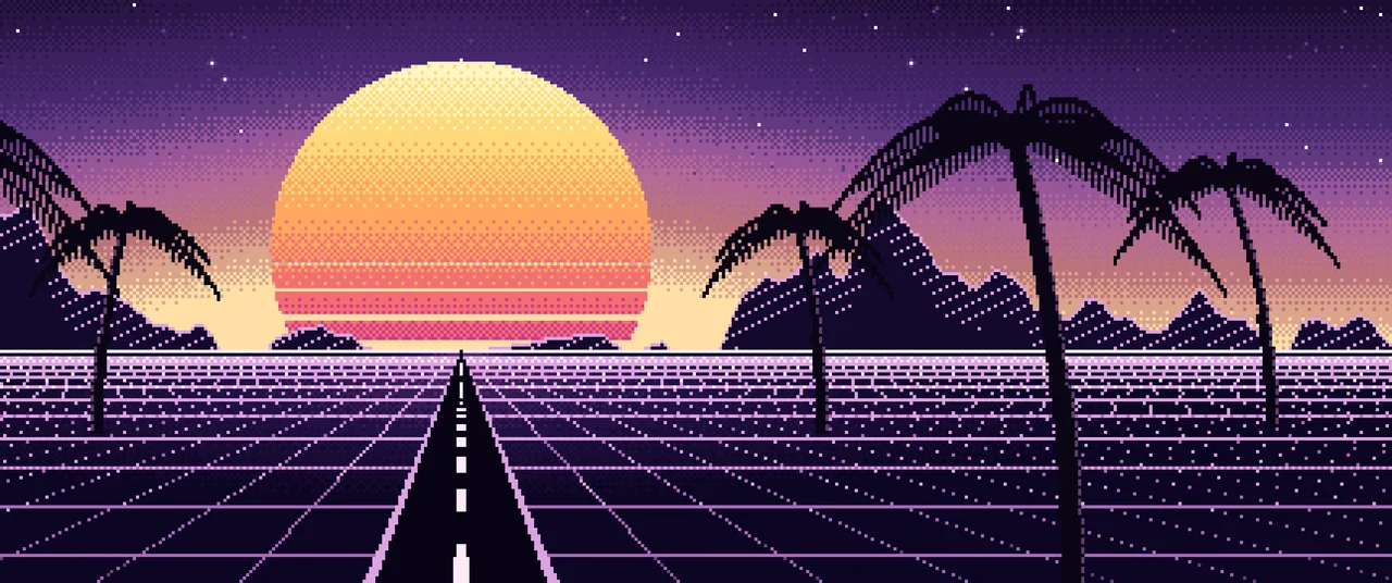 Dark Purple Pixel Art Synthwave ultrawide wallpaper, 3440 × 1440
