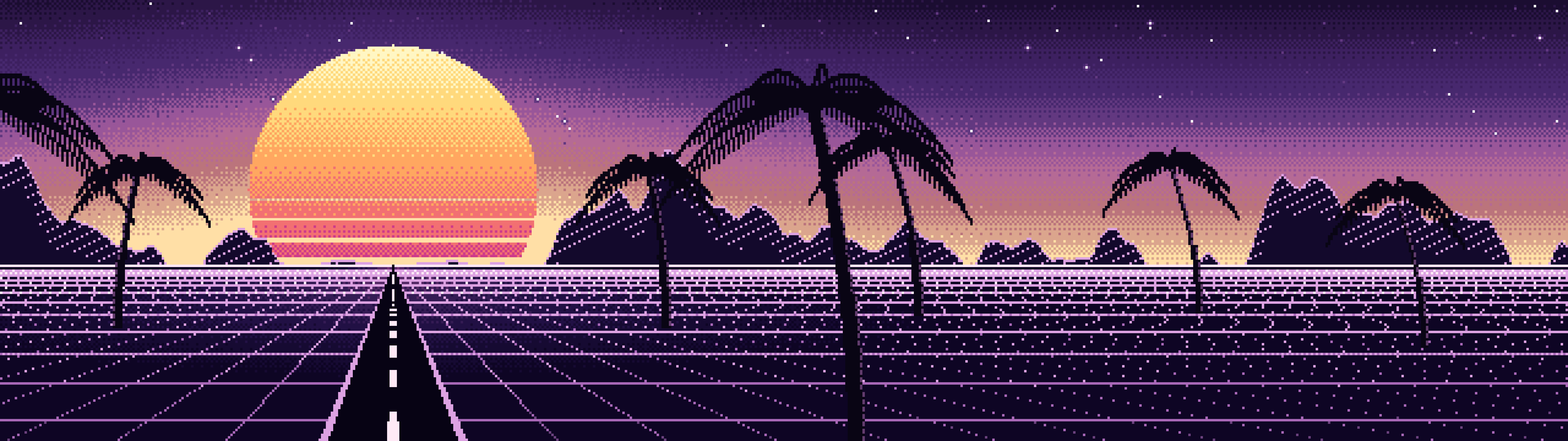 Dark Purple Pixel Art Synthwave dual monitor wallpaper, 7680 × 2160
