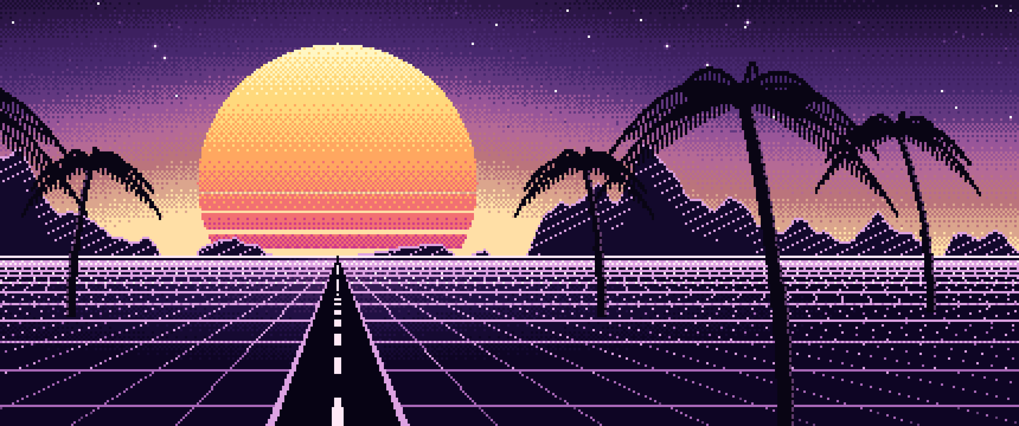 Dark Purple Pixel Art Synthwave ultrawide wallpaper, 3440 × 1440
