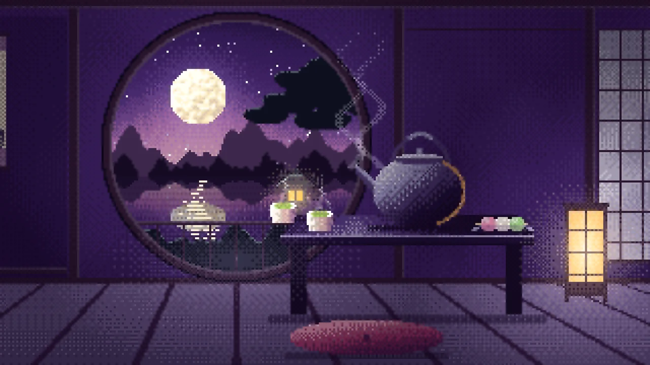Dark Purple Pixel Art Tea House and Moon Window desktop wallpaper in 4K