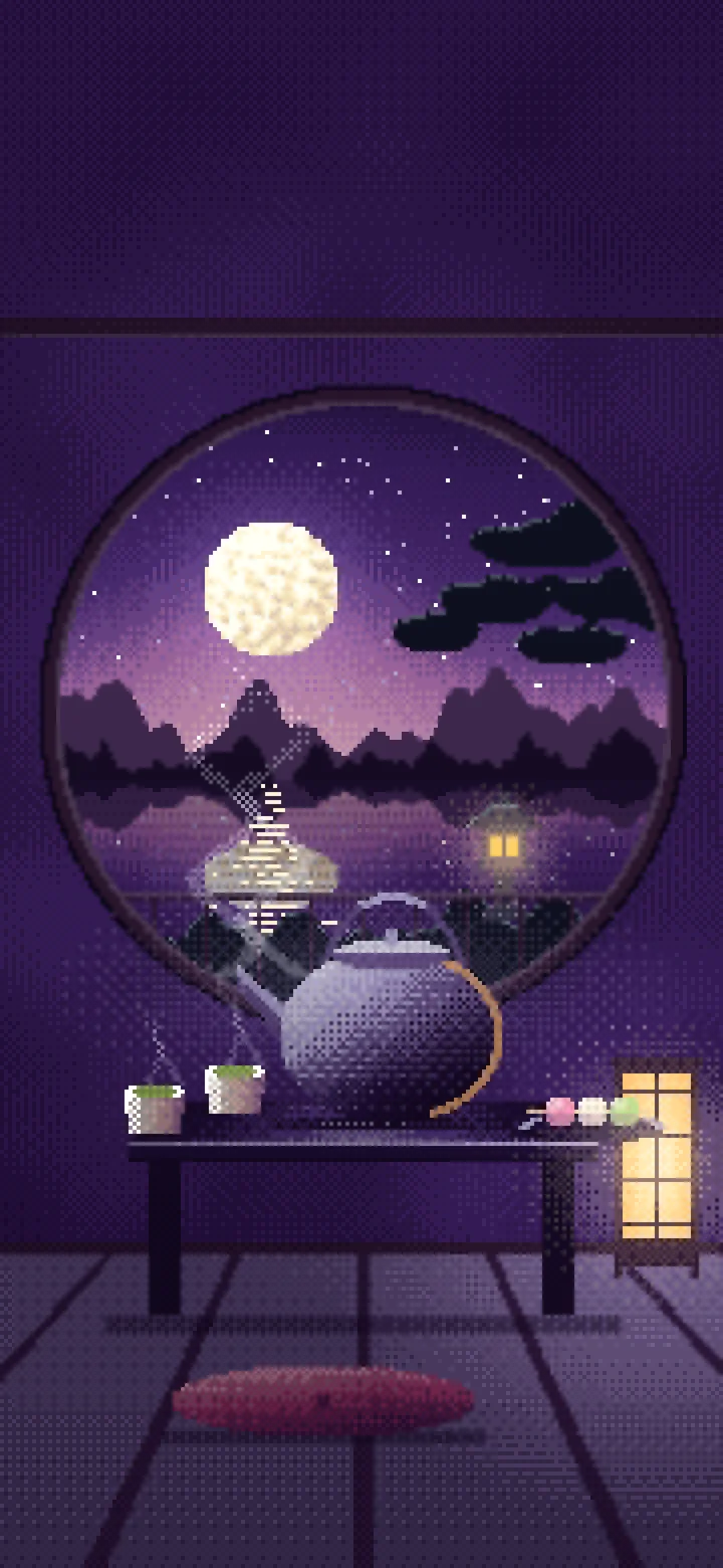 Dark Purple Pixel Art Tea House and Moon Window wallpaper for iPhone and Android