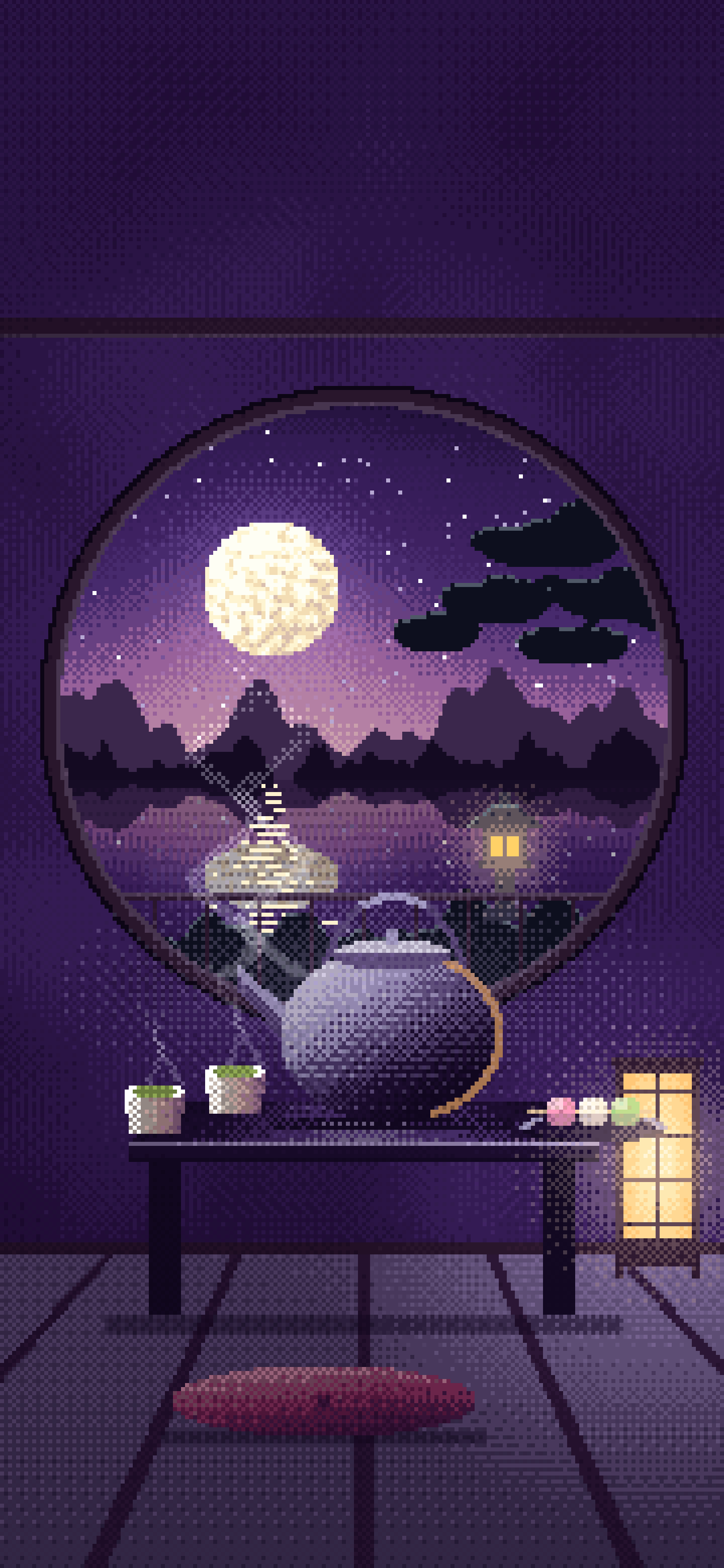 Dark Purple Pixel Art Tea House and Moon Window wallpaper for iPhone and Android