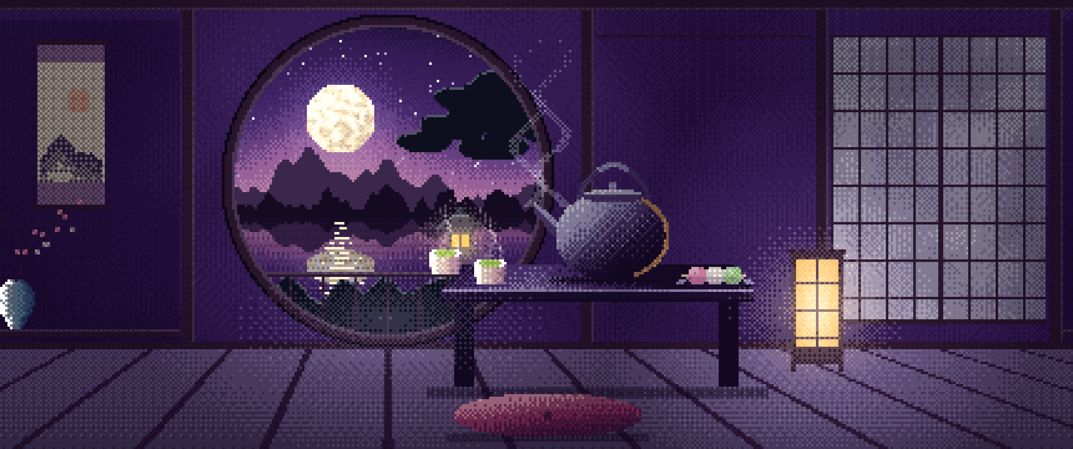 Dark Purple Pixel Art Tea House and Moon Window ultrawide wallpaper, 3440 × 1440