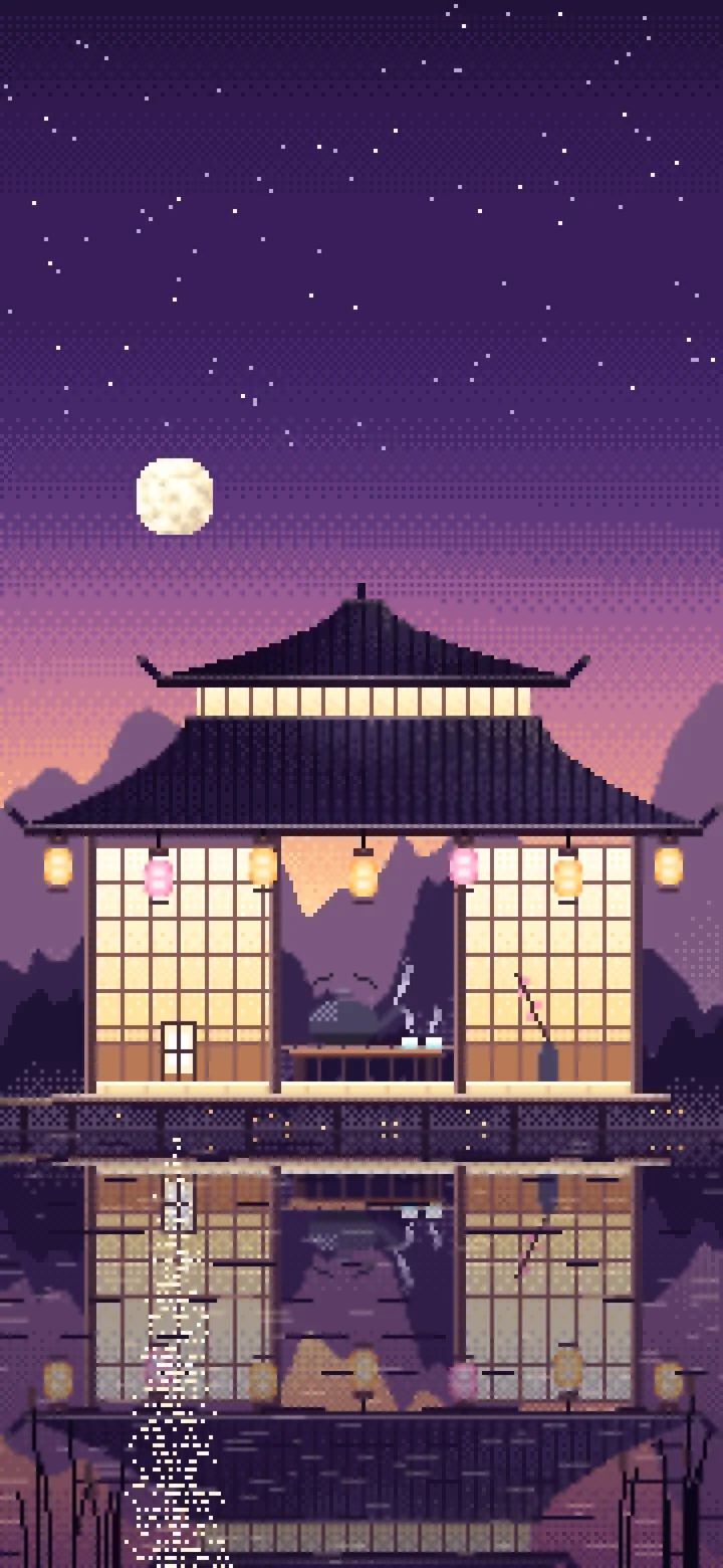 Dark Purple Pixel Art Tea House by a Lake wallpaper for iPhone and Android