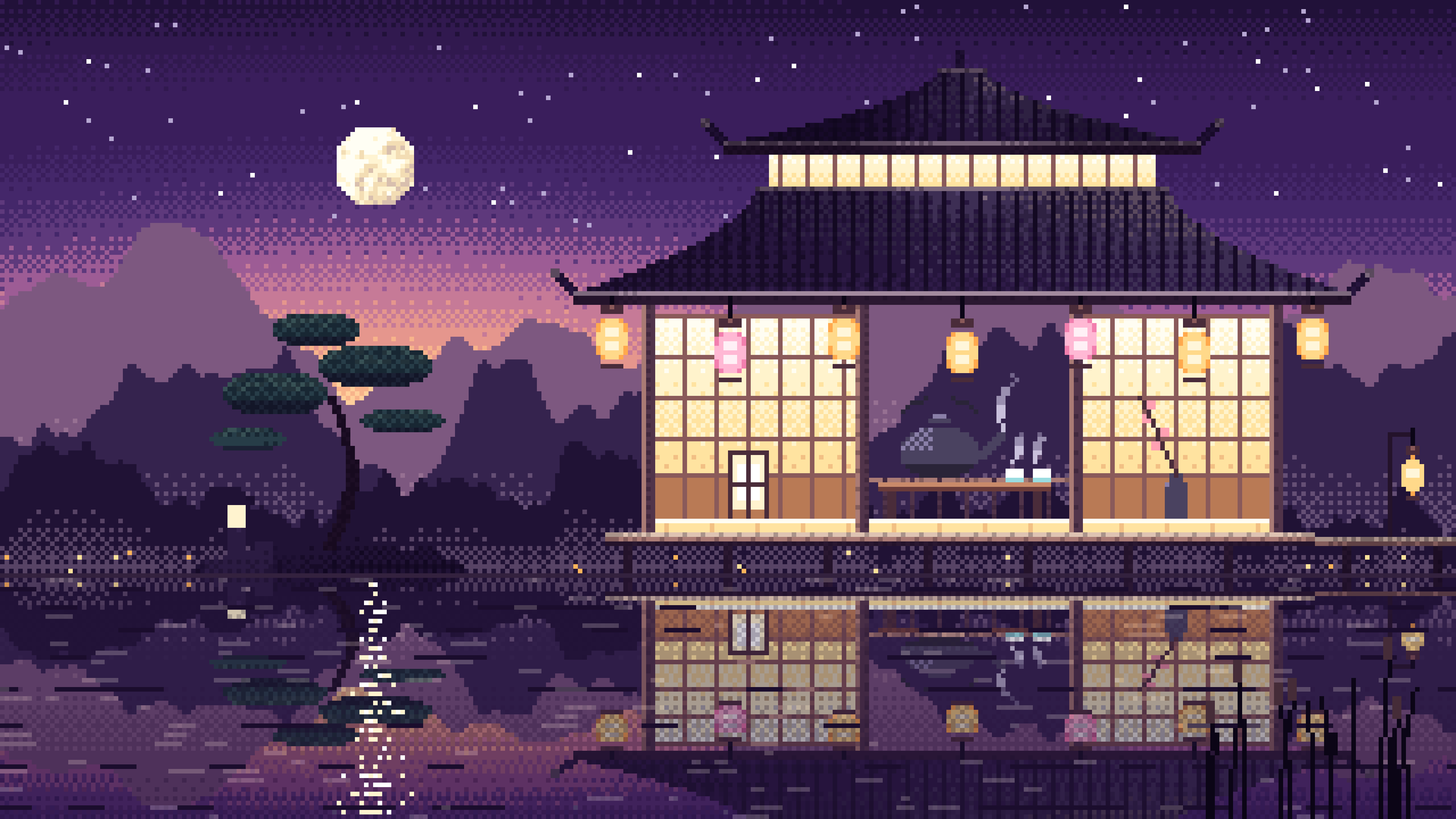 Dark Purple Pixel Art Tea House by a Lake desktop wallpaper in 4K