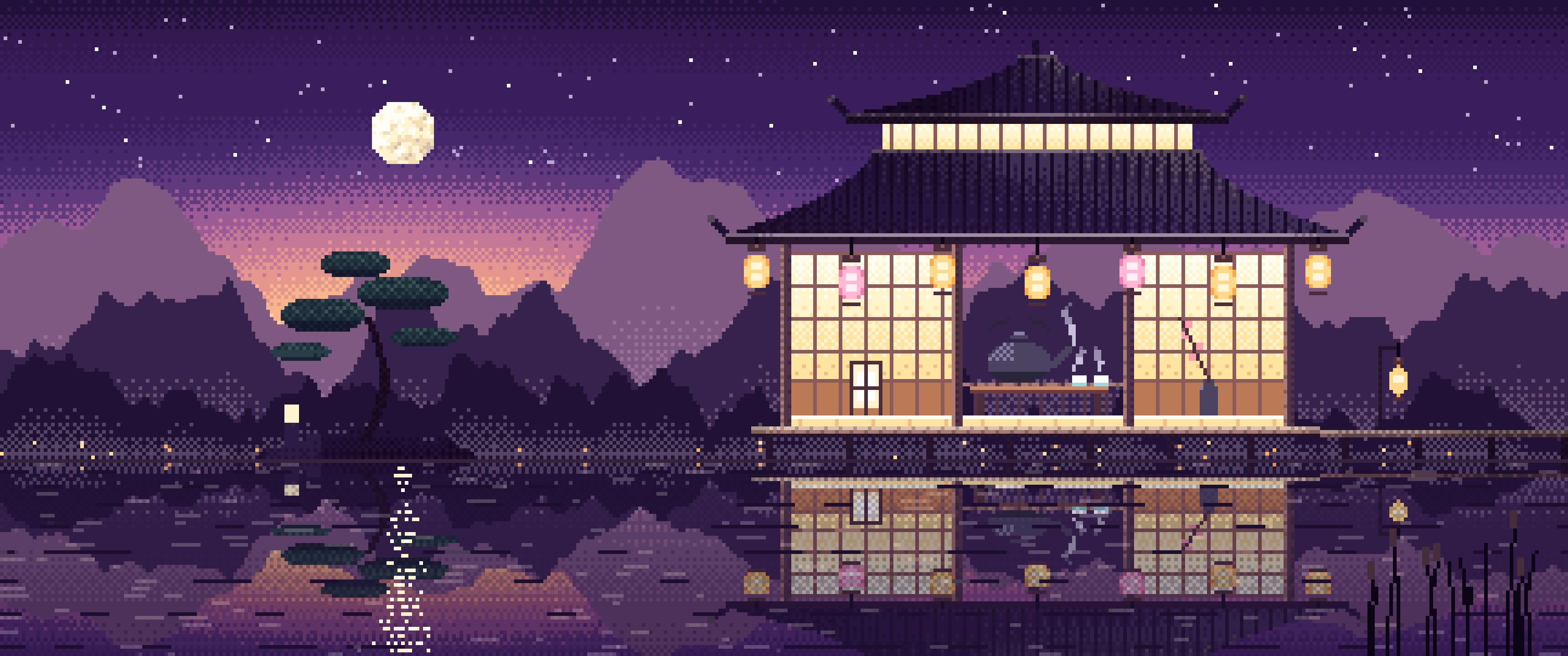 Dark Purple Pixel Art Tea House by a Lake ultrawide wallpaper, 3440 × 1440