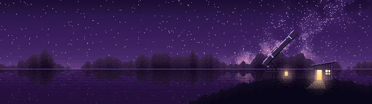 Dark Purple Pixel Art Telescope Under the Milky Way dual monitor wallpaper, 7680 × 2160