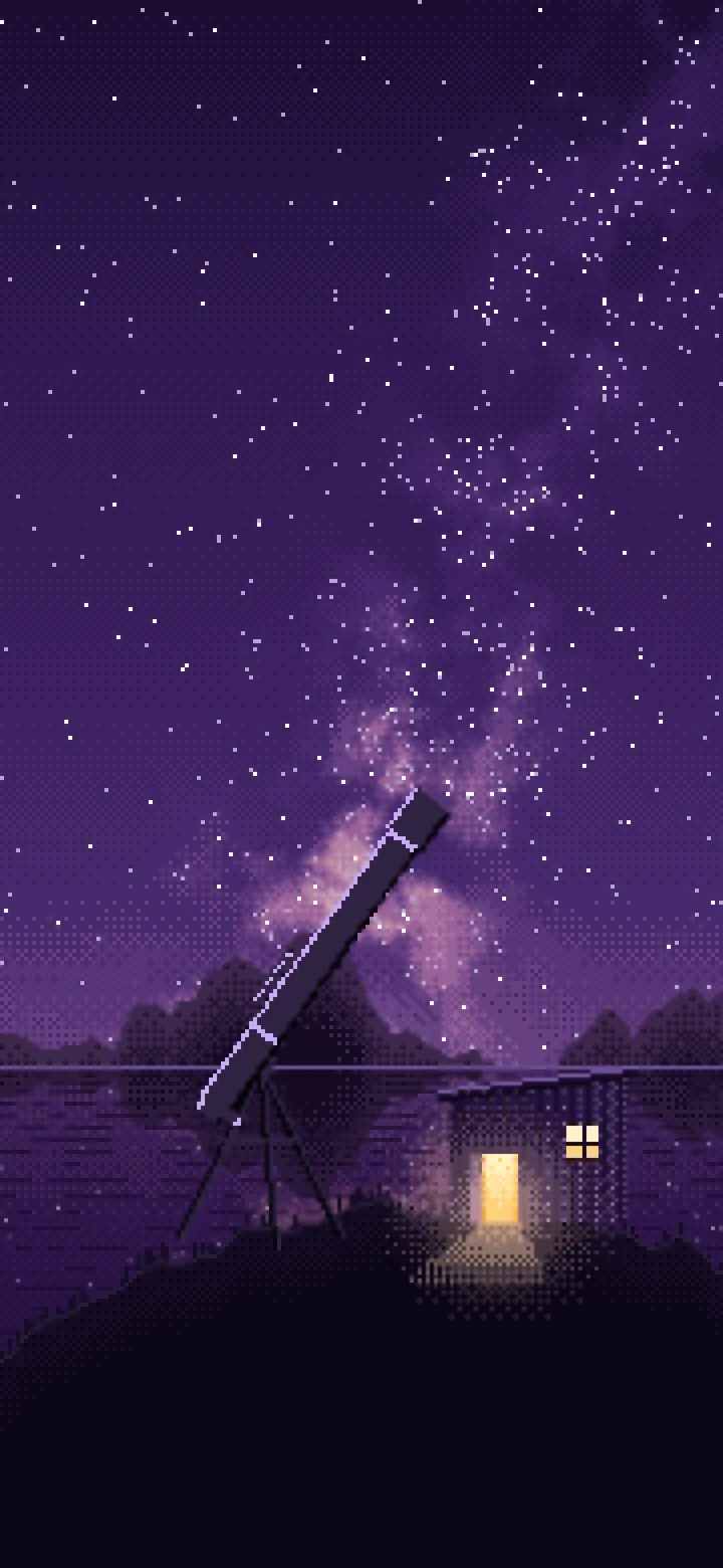 Dark Purple Pixel Art Telescope Under the Milky Way wallpaper for iPhone and Android