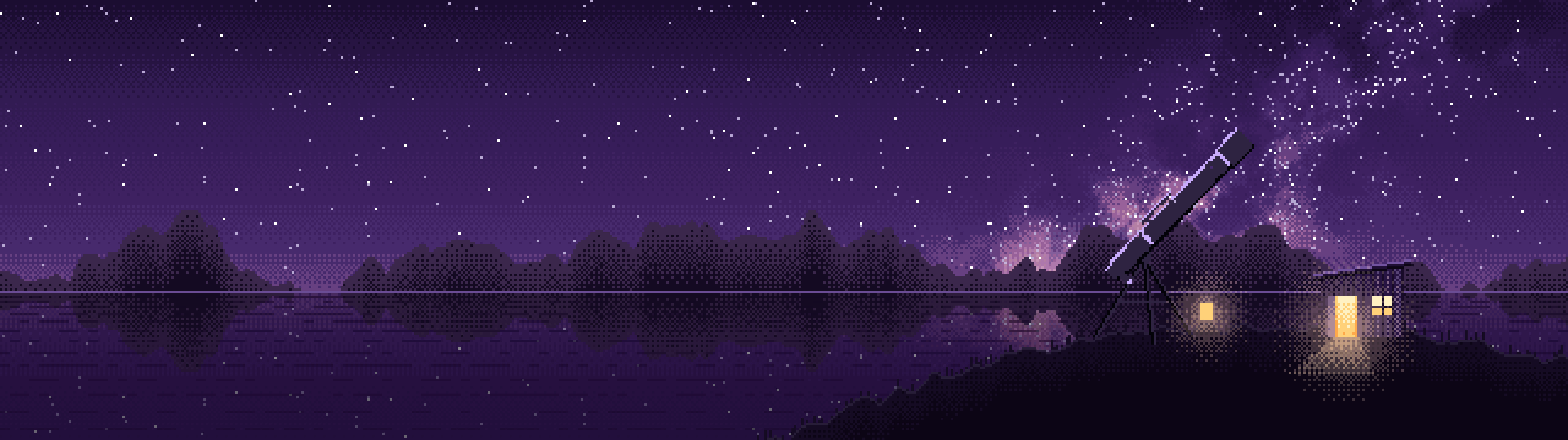 Dark Purple Pixel Art Telescope Under the Milky Way dual monitor wallpaper, 7680 × 2160