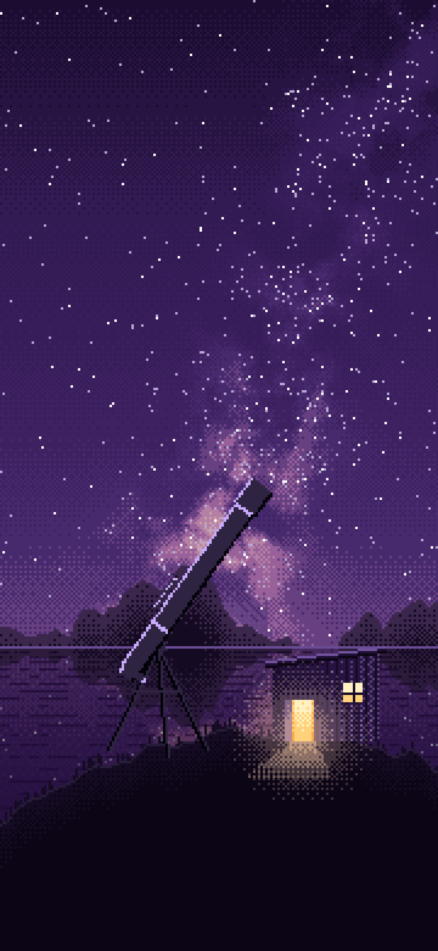 Dark Purple Pixel Art Telescope Under the Milky Way wallpaper for iPhone and Android