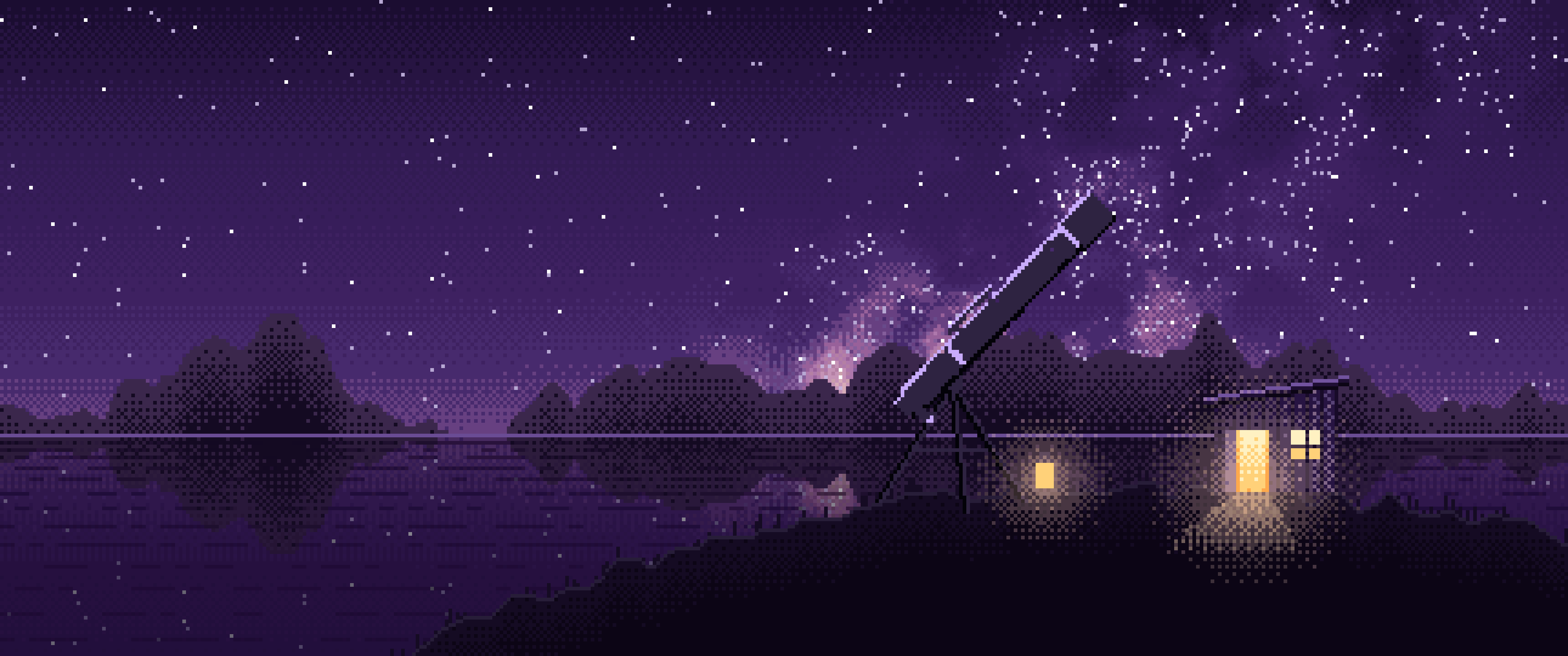 Dark Purple Pixel Art Telescope Under the Milky Way ultrawide wallpaper, 3440 × 1440