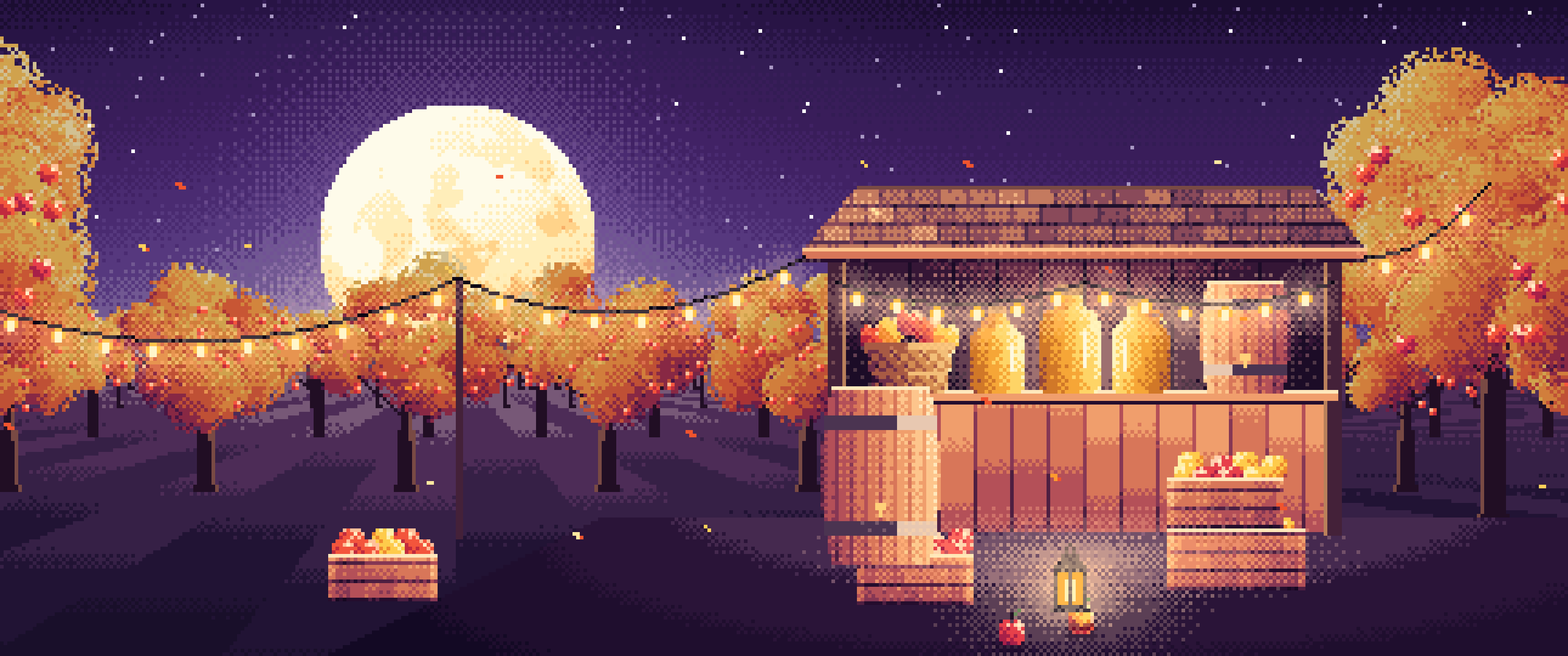 Dark Purple Pixel Art Thanksgiving Apple Cider Stand ultrawide wallpaper, 3440 × 1440