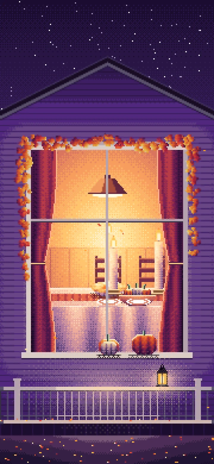 Dark Purple Pixel Art Thanksgiving Dinner Through a Window wallpaper for iPhone and Android