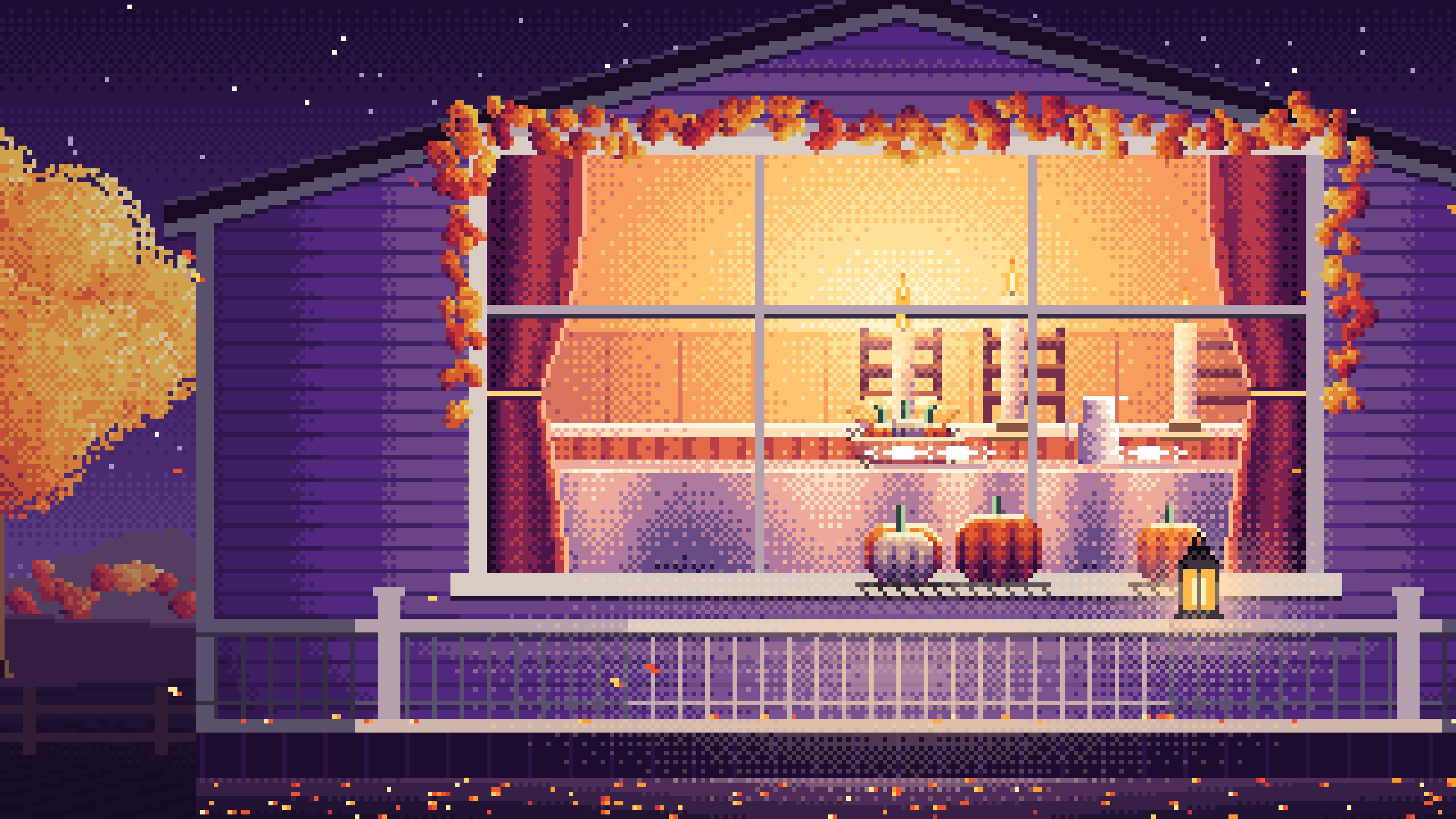 Dark Purple Pixel Art Thanksgiving Dinner Through a Window desktop wallpaper in 4K