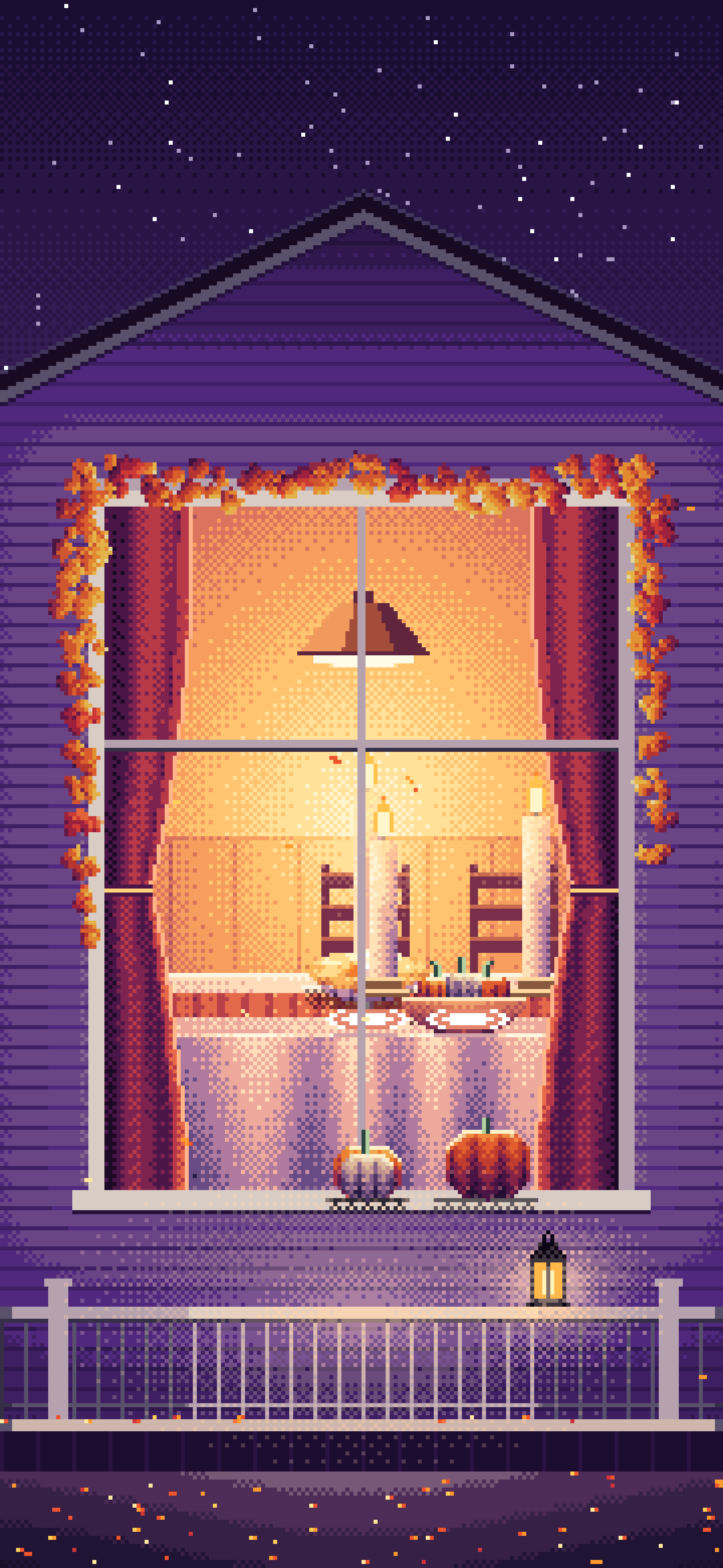 Dark Purple Pixel Art Thanksgiving Dinner Through a Window wallpaper for iPhone and Android
