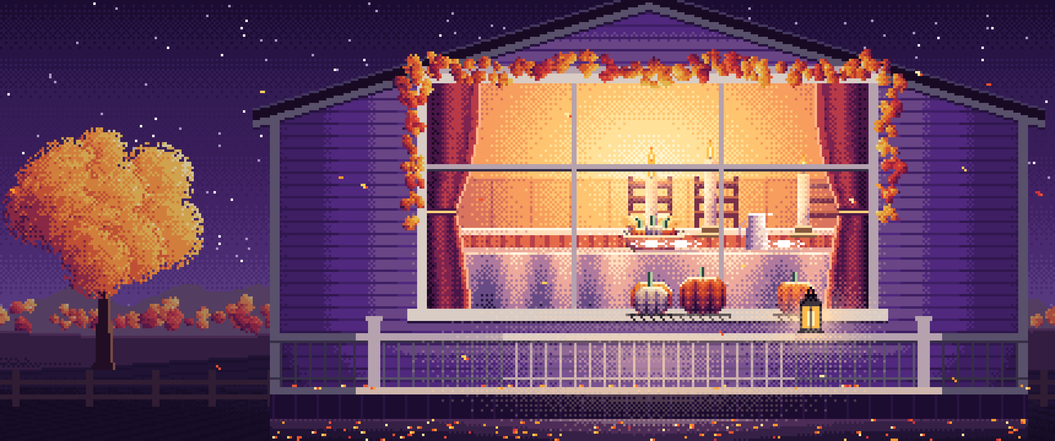 Dark Purple Pixel Art Thanksgiving Dinner Through a Window ultrawide wallpaper, 3440 × 1440