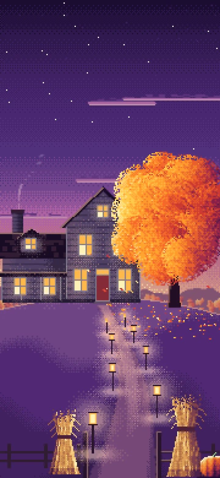 Dark Purple Pixel Art Thanksgiving Farmhouse at Dusk wallpaper for iPhone and Android
