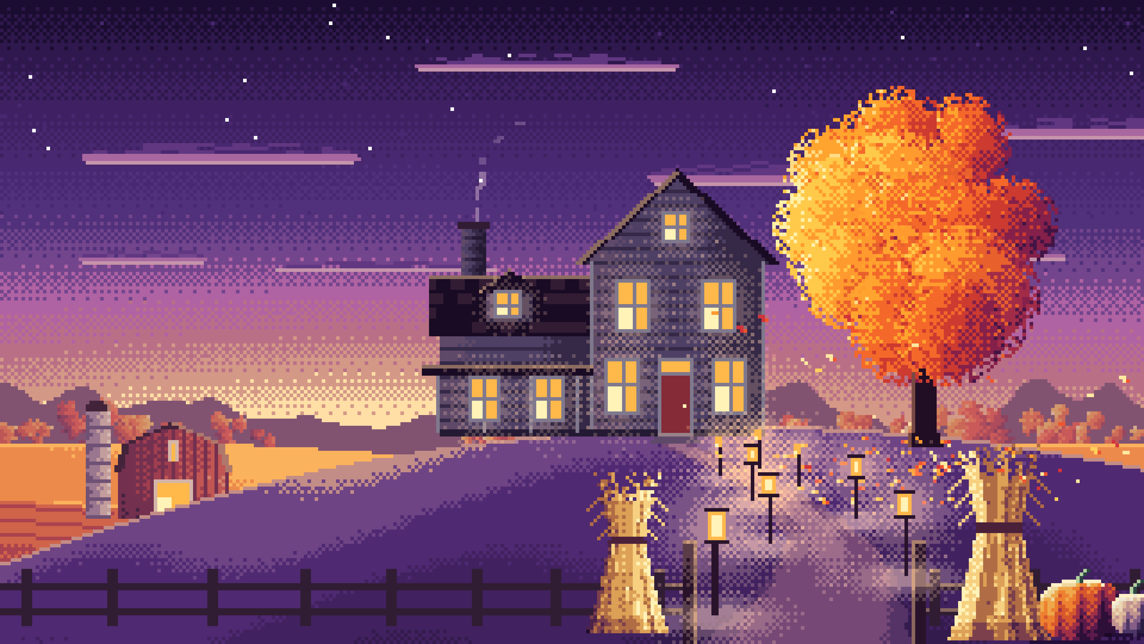Dark Purple Pixel Art Thanksgiving Farmhouse at Dusk desktop wallpaper in 4K