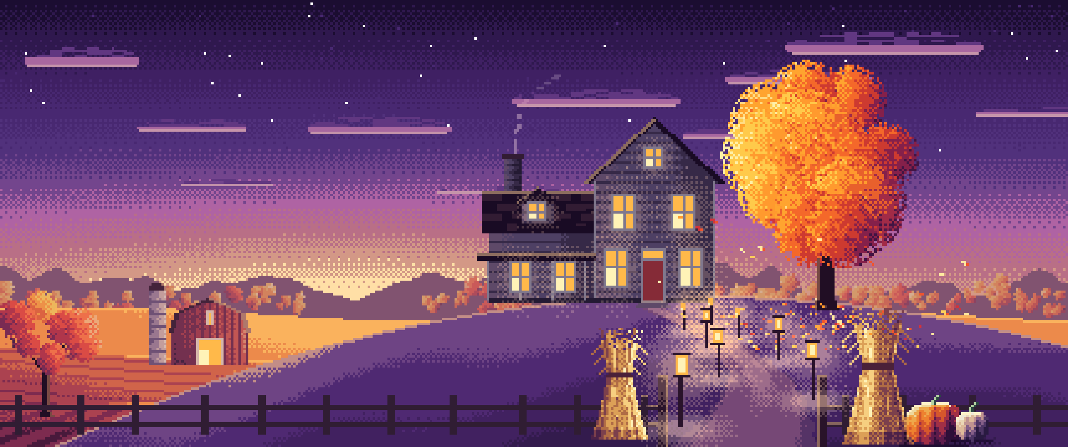Dark Purple Pixel Art Thanksgiving Farmhouse at Dusk ultrawide wallpaper, 3440 × 1440