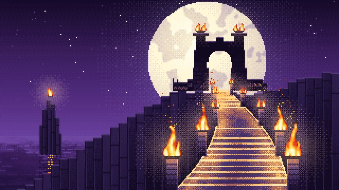 Dark Purple Pixel Art Torch-Lit Stairway at Night desktop wallpaper in 4K